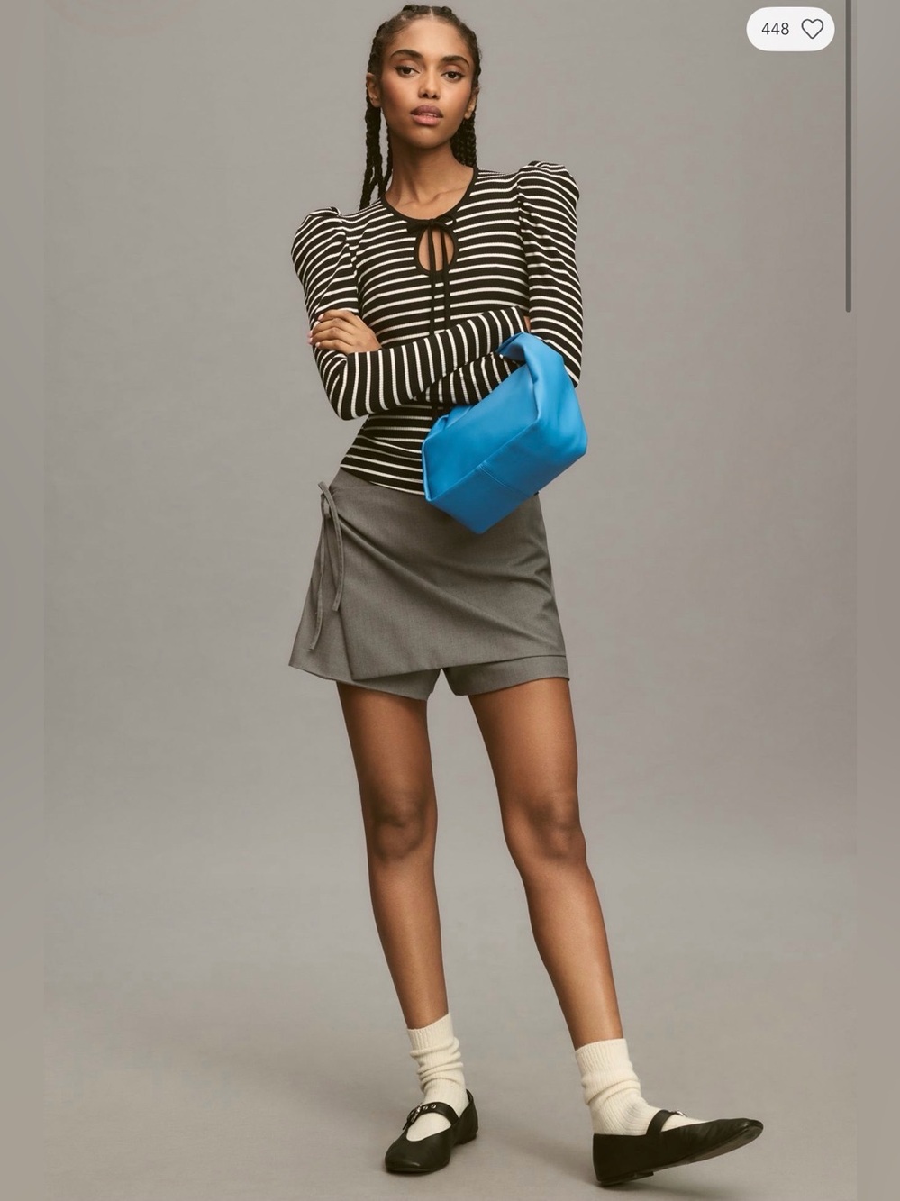 Anthropologie Porridge Puff Sleeve Tie Front Striped Top Black White Small